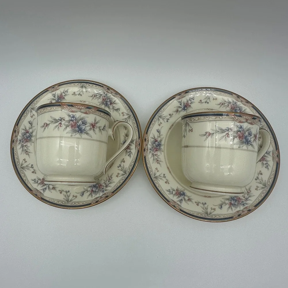 Noritake Lylewood Fine China Tea Cup and Saucer Set of 2 Floral Gold Trim 9760